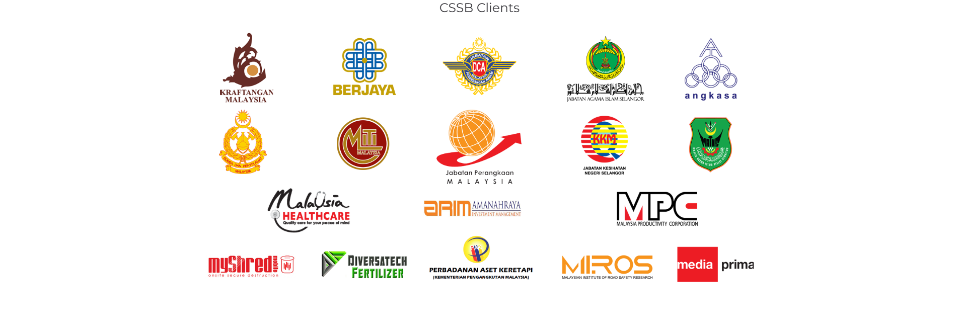 CSSB Clients — logos of past clients including Kraftangan Malaysia, Berjaya, DCA, Jabatan Agama Islam Selangor, Angkasa and others